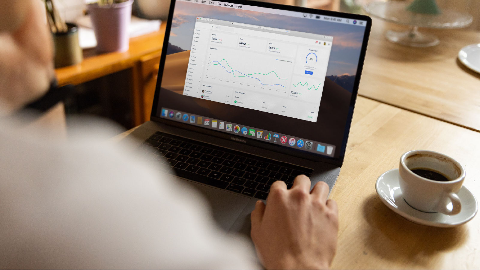 Business intelligence dashboard on a laptop screen showing charts and KPI tracking